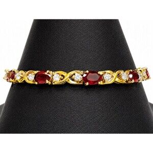 Vintage Red Garnet Gold Vermeil Sterling Silver CZ Tennis Bracelet 7”Oval Cut